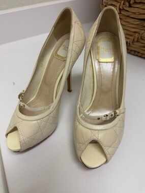 Christian Dior Beige Quilted Leather Mary Jane Peep Toe Heels Pumps